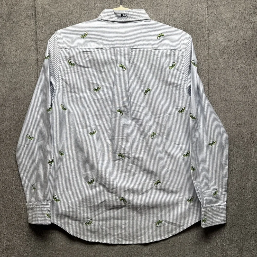 Ralph Lauren Youth Shirt L 14-16 Button Down Blue White Stripe Gecko Embroidered